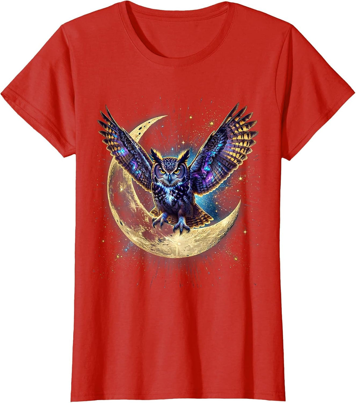 Owl on Crescent Moon Night Sky Illustration T-Shirt - Red