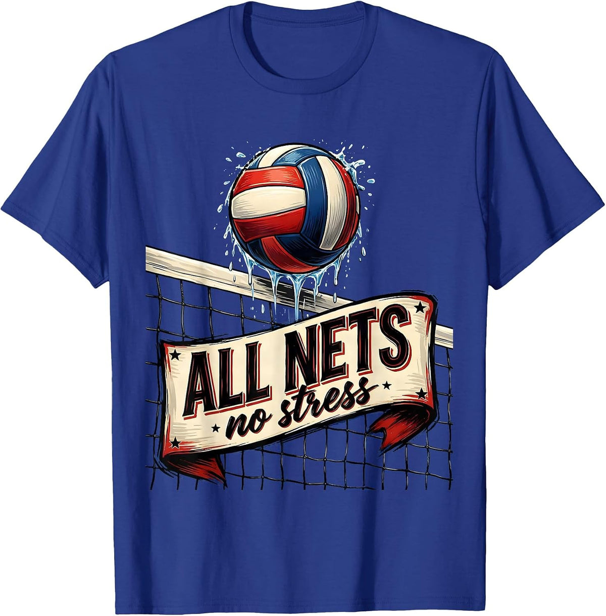 All Nets No Stress Volleyball Mom Design T-Shirt - Royal Blue