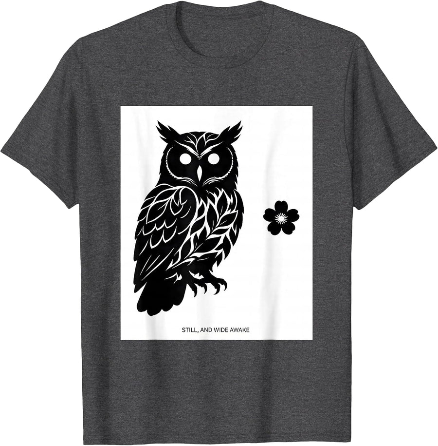 Men's Still, and Wide Awake Cottagecore Owl Floral Naturecore T-Shirt - Dark Heather Grey