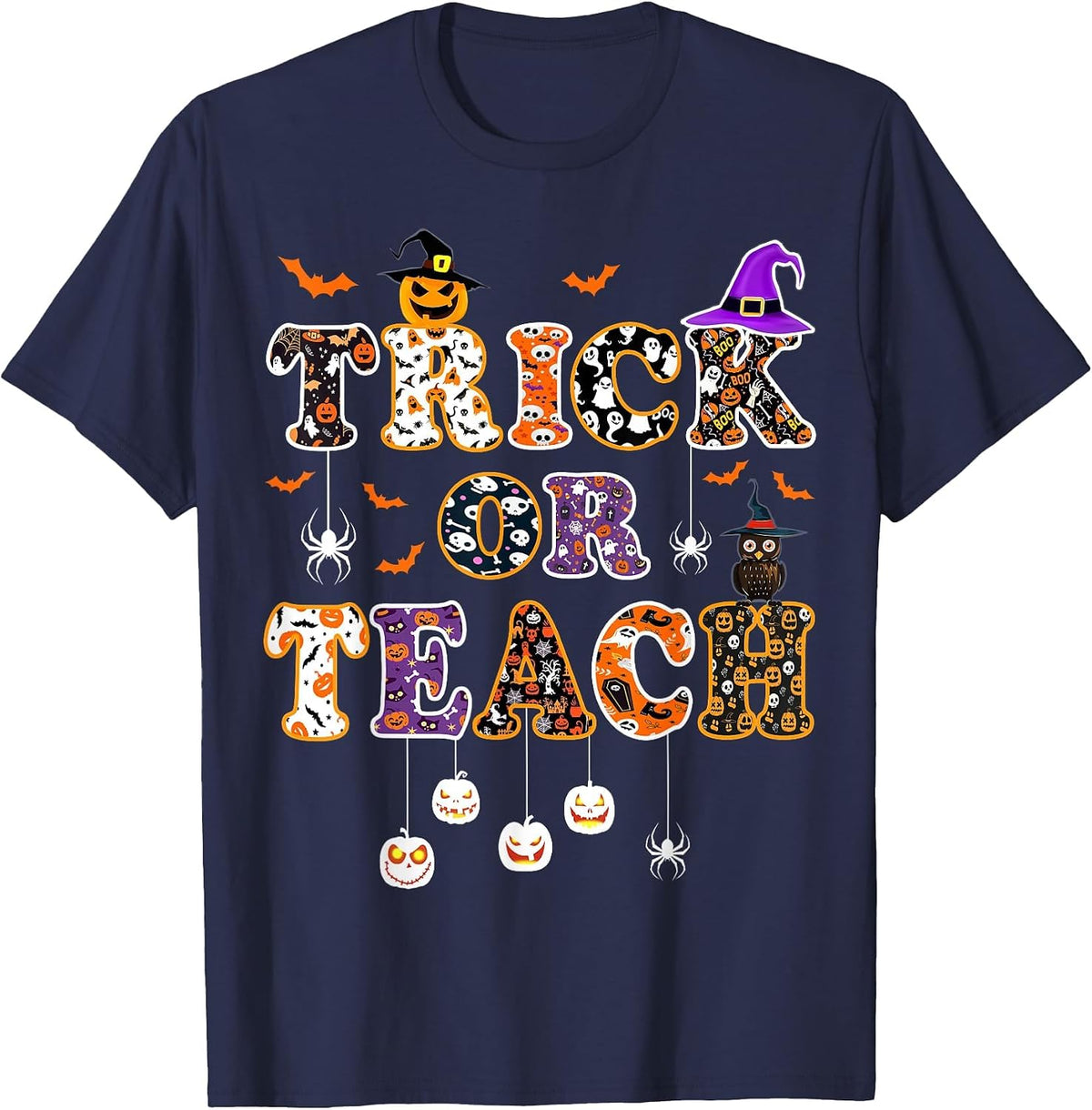 Trick Or Teach Retro Halloween Teacher Women Men Costume T-Shirt - Navy Blue