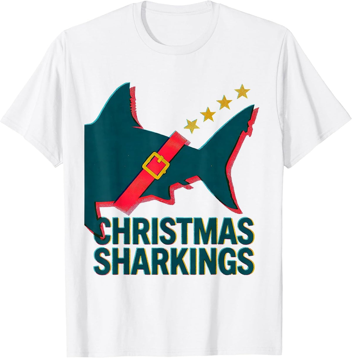 Men's Christmas Sharkings Risograph Shark Lover Funny Christmas T-Shirt - White
