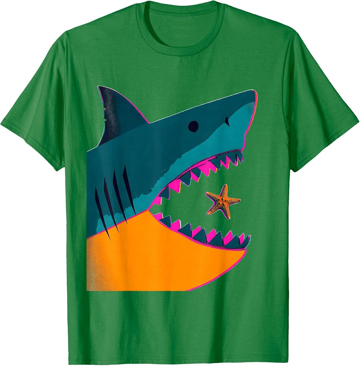 Men's Shark Maw Starfish Risograph Ocean Wildlife Humor T-Shirt - Kelly Green