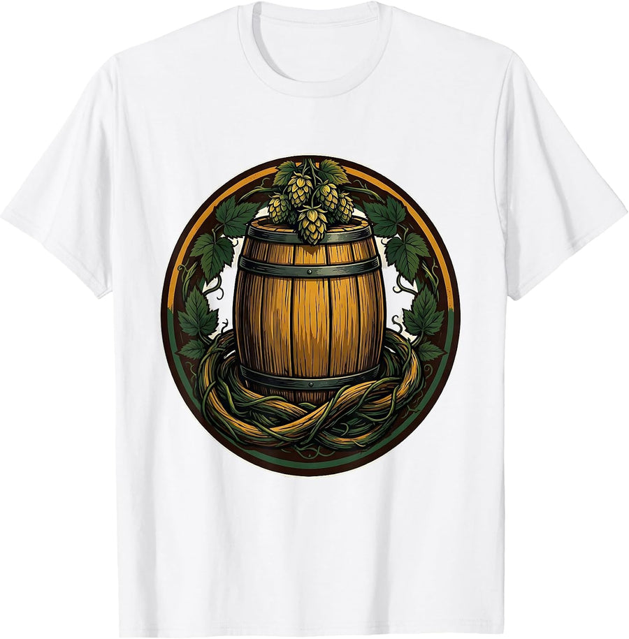 Men's Hop Vines and Barrel Craft Beer Illustration T-Shirt - White