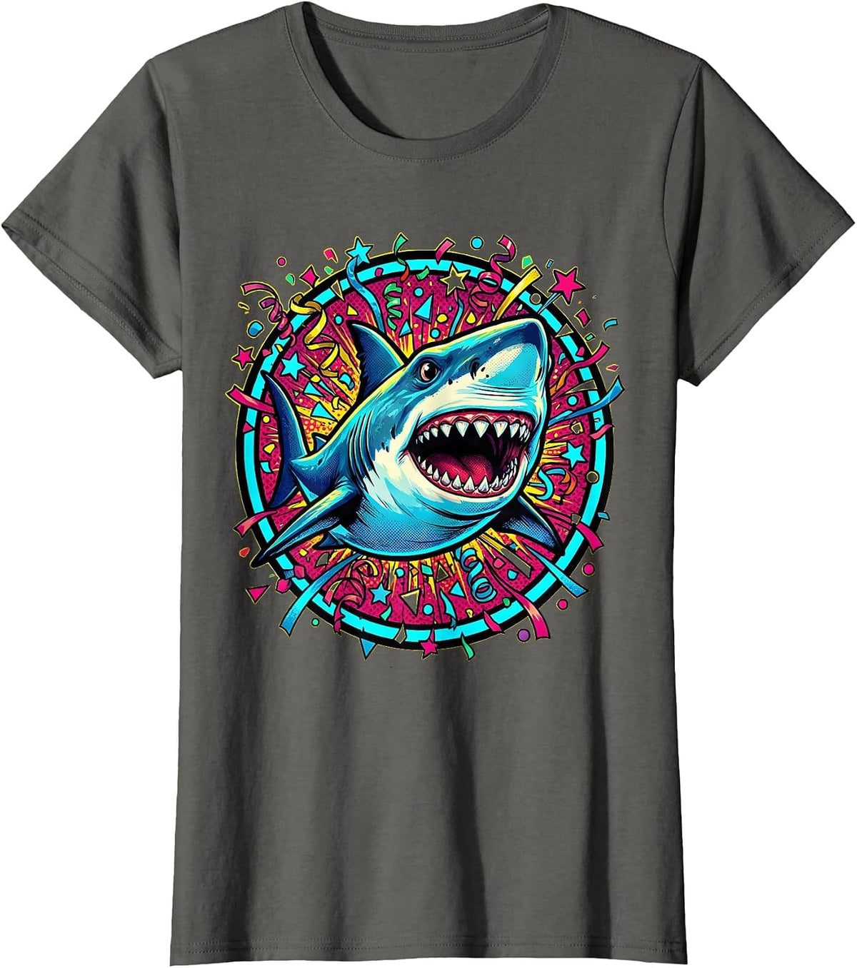 Women's Birthday Shark Confetti Ocean Celebration Design T-Shirt - Asphalt Grey