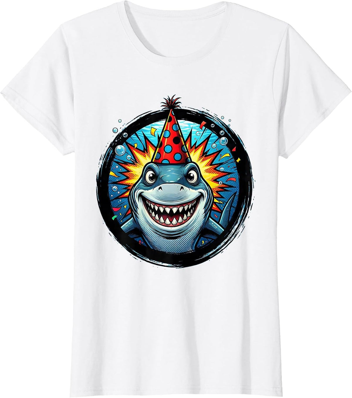 Women's Birthday Boy Shark Party Hat Underwater Scene T-Shirt - White