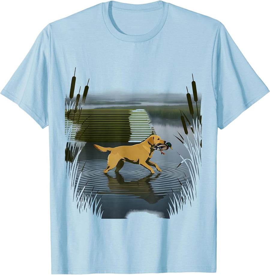Men's Camo Duck Hunt Retriever Dog Graphic Tee T-Shirt - Baby Blue