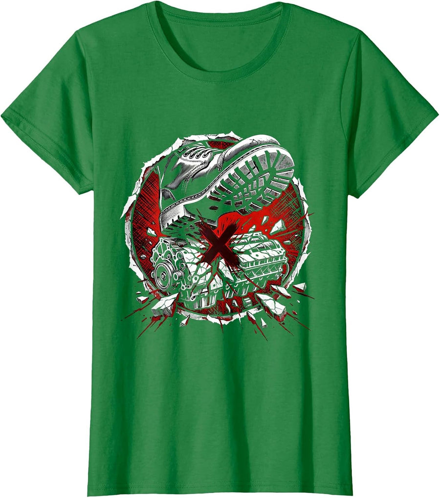 Women's Mechanic Boot Stomping Cracked Engine Block T-Shirt - Kelly Green