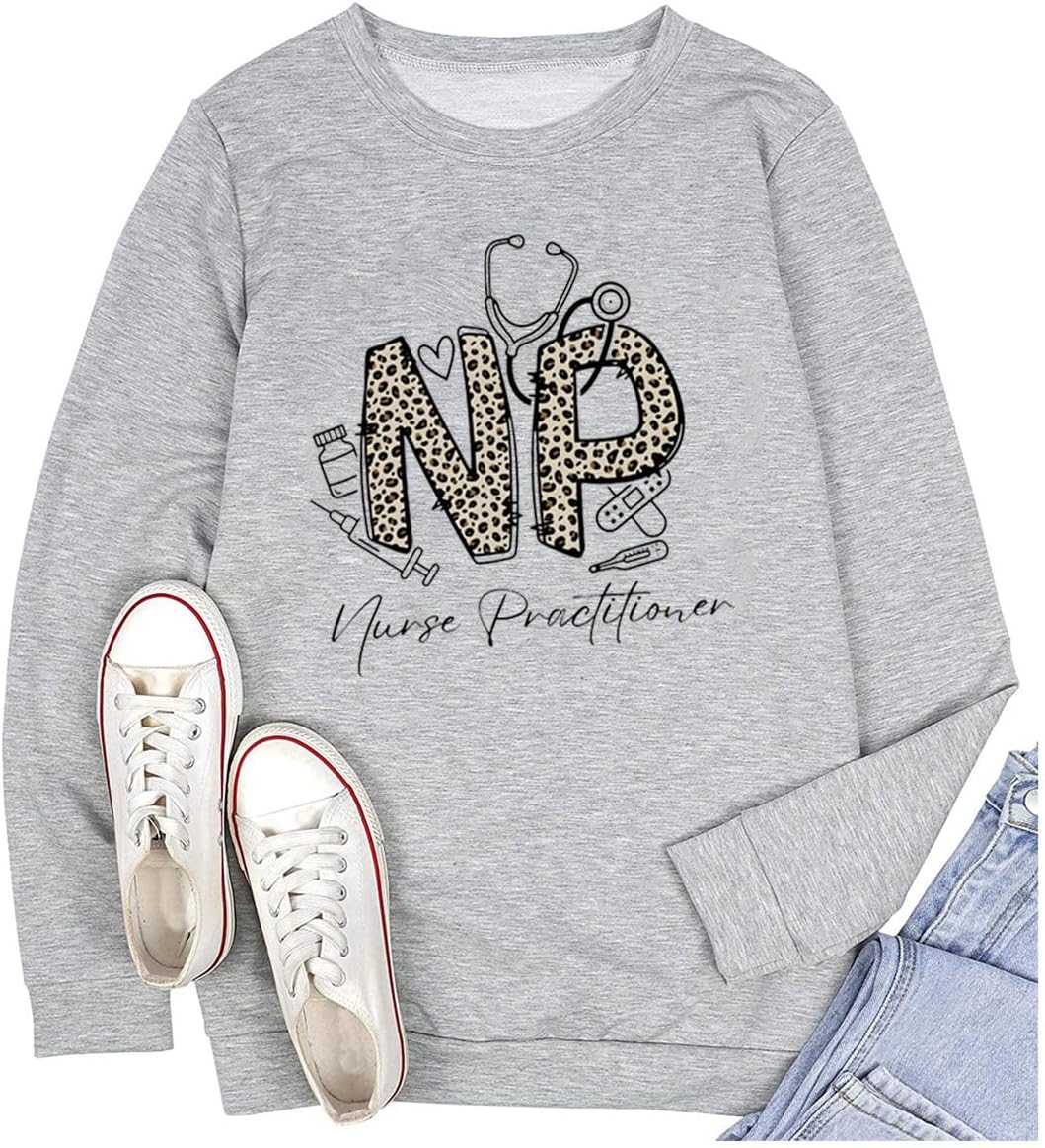 TSIIUO Funny Nurse Practitioner Sweatshirt for Women NP Nurse Life Shirts Leopard Nursing Long Sleeve Pullover Tops - Grey