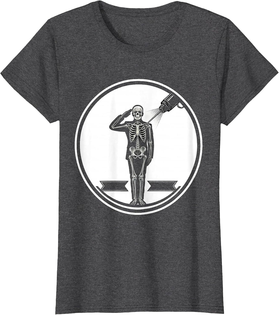 Women's Skeleton Salute Radiology Tech Halloween Humor T-Shirt - Dark Heather Grey