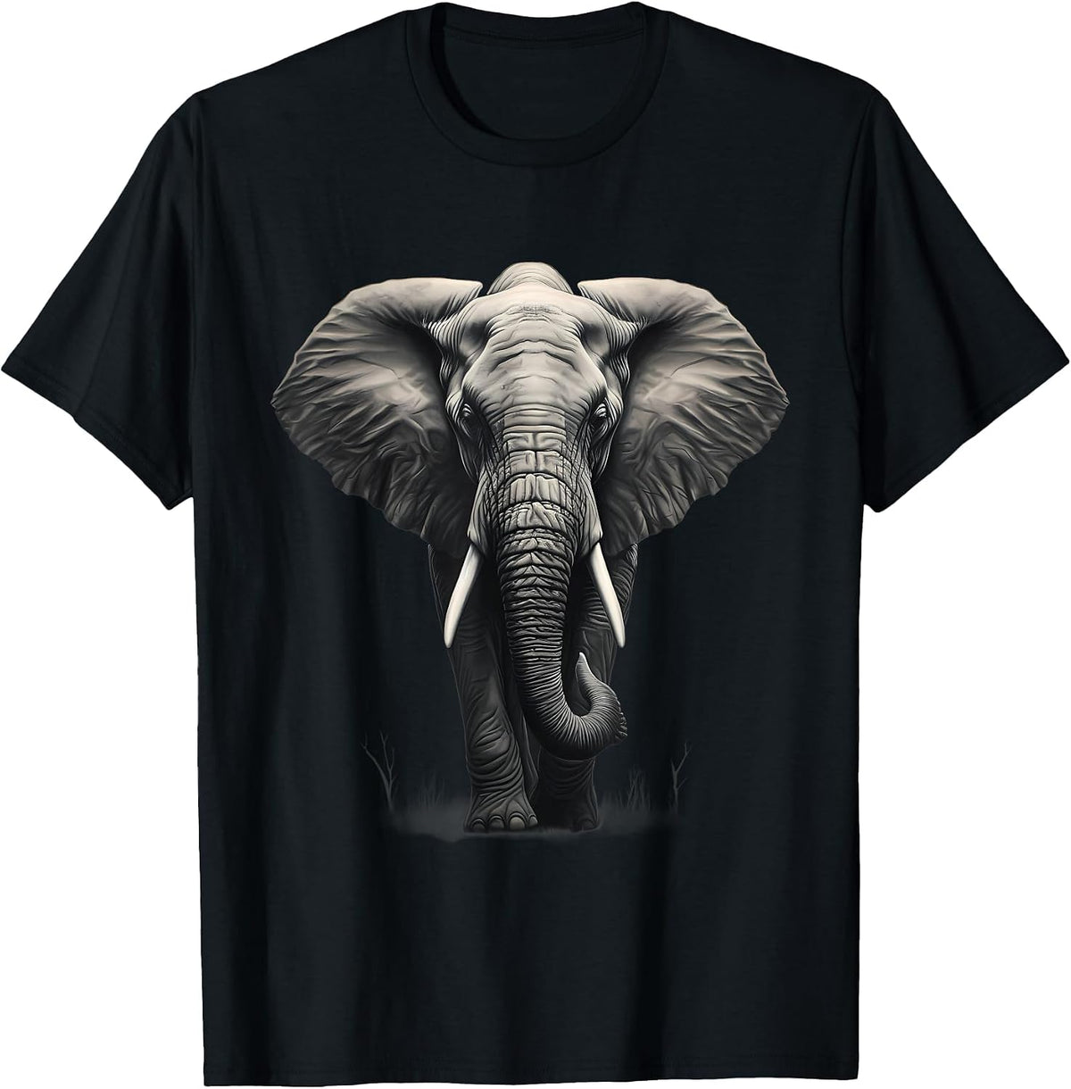 Elephant Drawing Motif Safari Animal Print Artwork Wildlife T-Shirt - Black