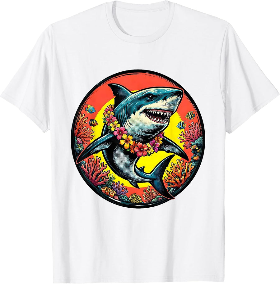 Men's Mommy Shark Tropical Reef Flower Lei Illustration T-Shirt - White