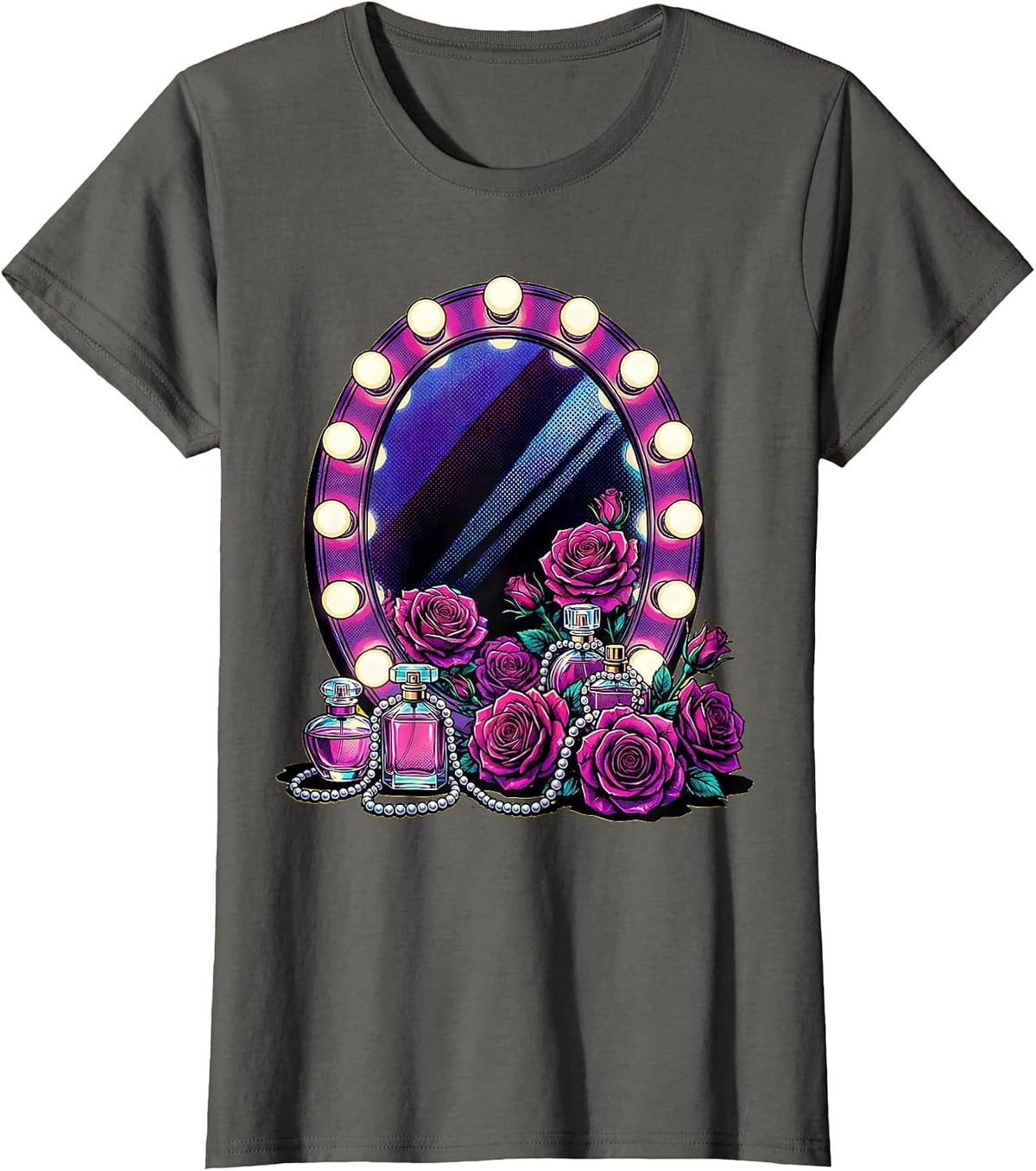 Women's Showgirl Vanity Pearls and Roses Graphic T-Shirt - Asphalt Grey