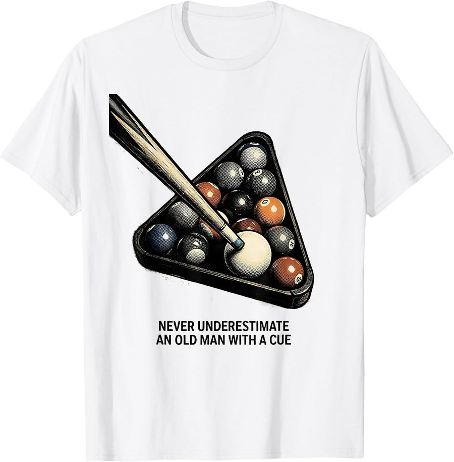 Men's Never Underestimate An Old Man With A Cue Distressed T-Shirt - White