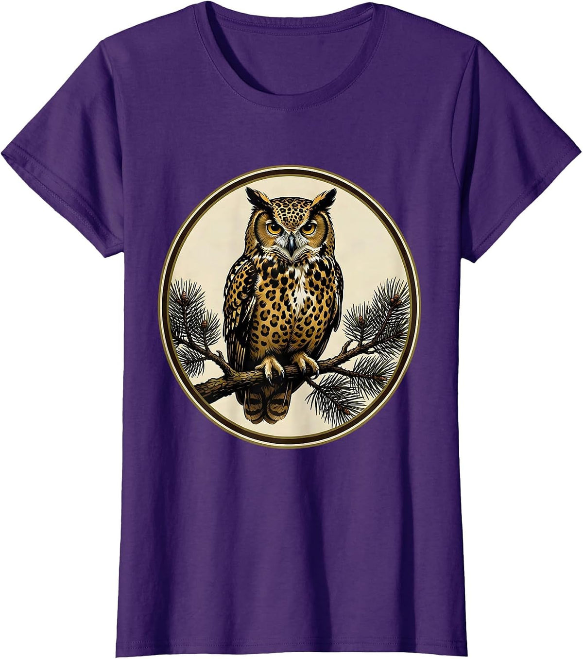 Women's Camo Owl Perched on Pine Branch Design T-Shirt - Purple