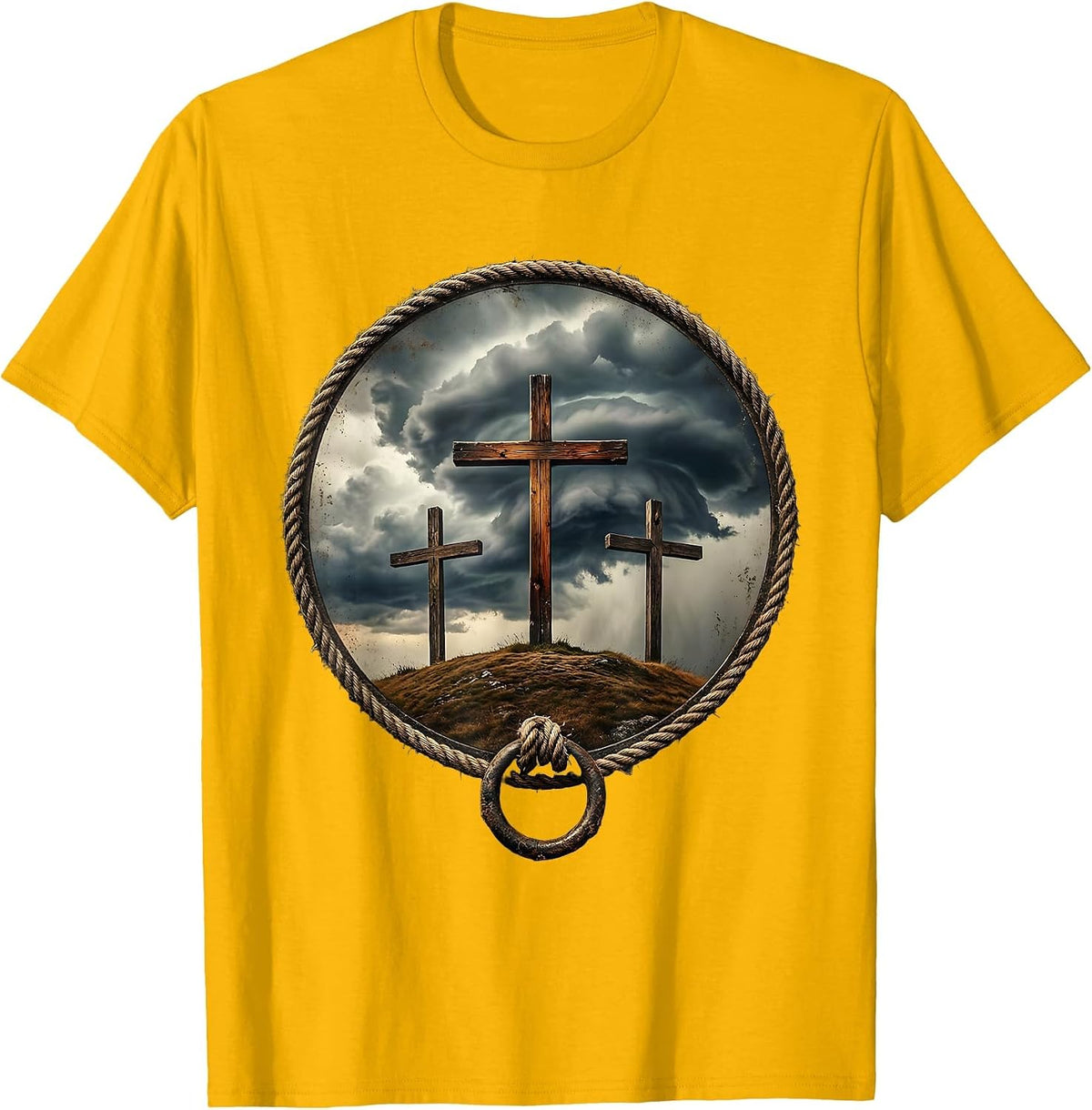 Men's Three Crosses on a Hill Under a Stormy Sky T-Shirt - Golden Yellow