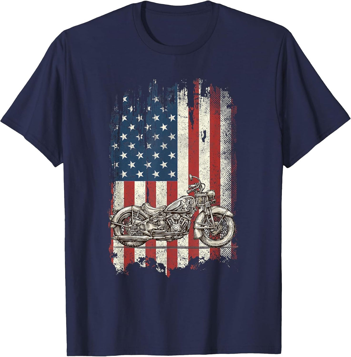 Motorcycle American Flag Distressed Vintage Biker Patriotic T-Shirt - Navy Blue