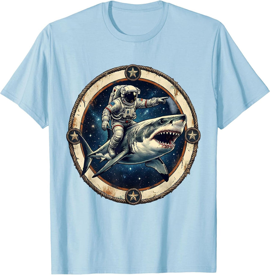 Men's Astronaut Riding a Shark Through Outer Space T-Shirt - Baby Blue
