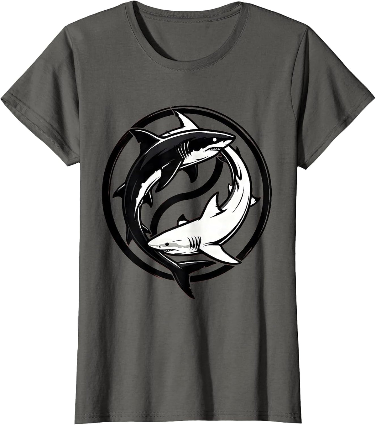 Women's Shark Yin Yang Balance Harmony Ocean Design T-Shirt - Asphalt Grey