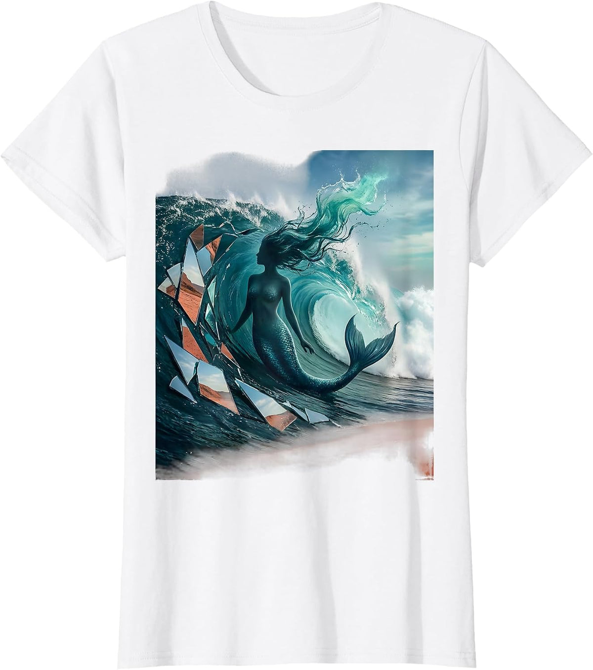 Mermaid Silhouette Ocean Wave Curl Graphic T-Shirt - White