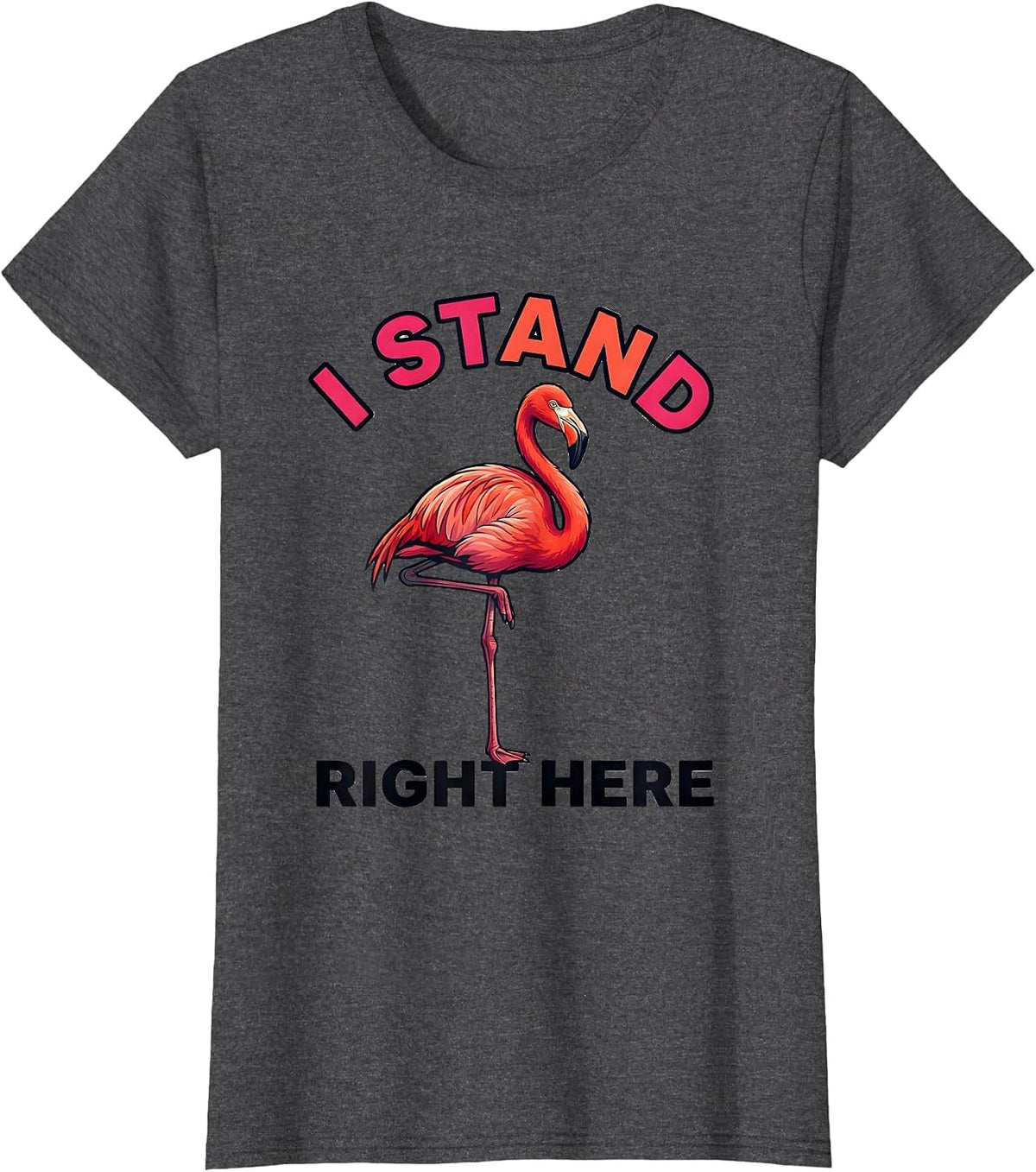 Women's I Stand Right Here Funny Flamingo Bird Lover Summer Vacation T-Shirt - Dark Heather Grey