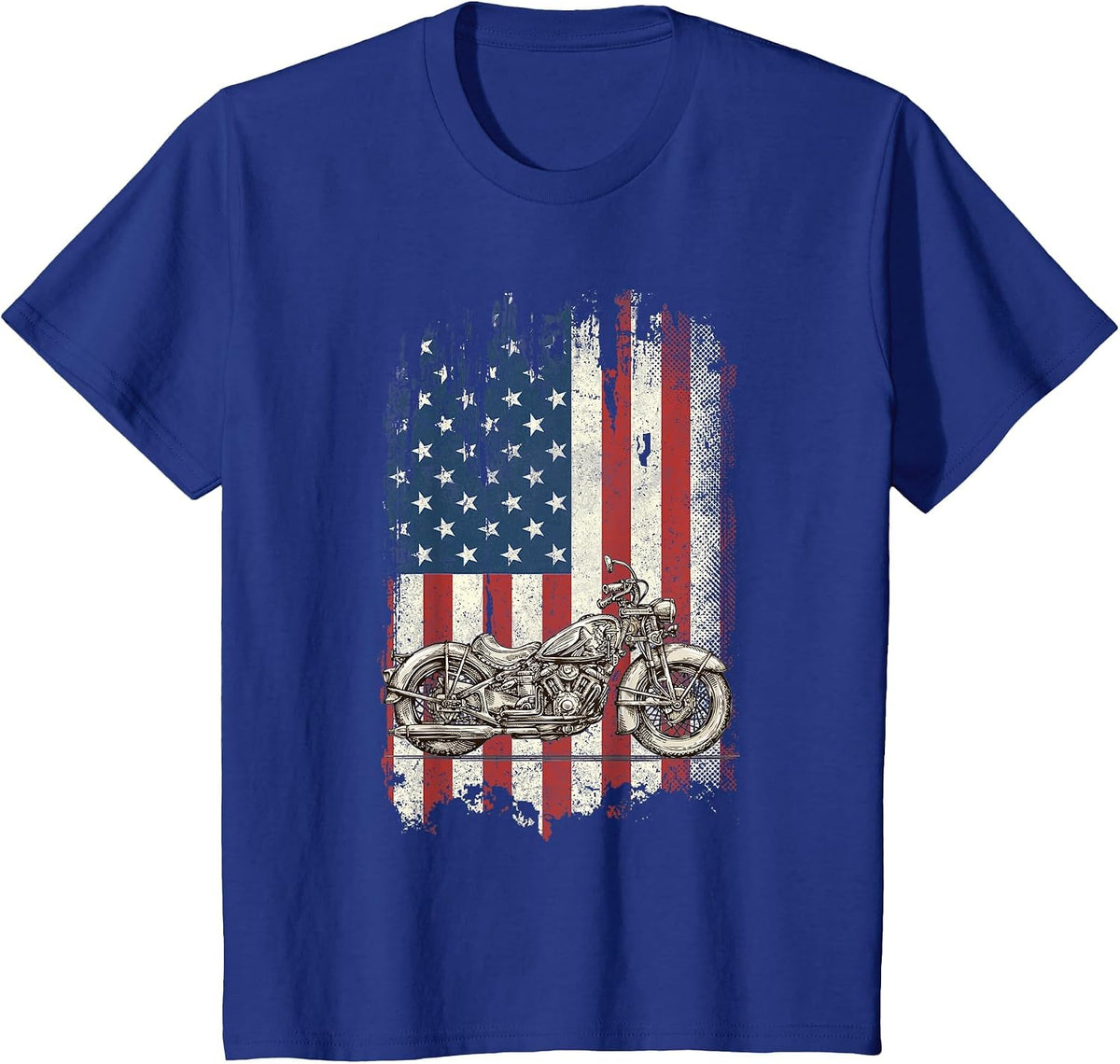 Motorcycle American Flag Distressed Vintage Biker Patriotic T-Shirt - Royal Blue