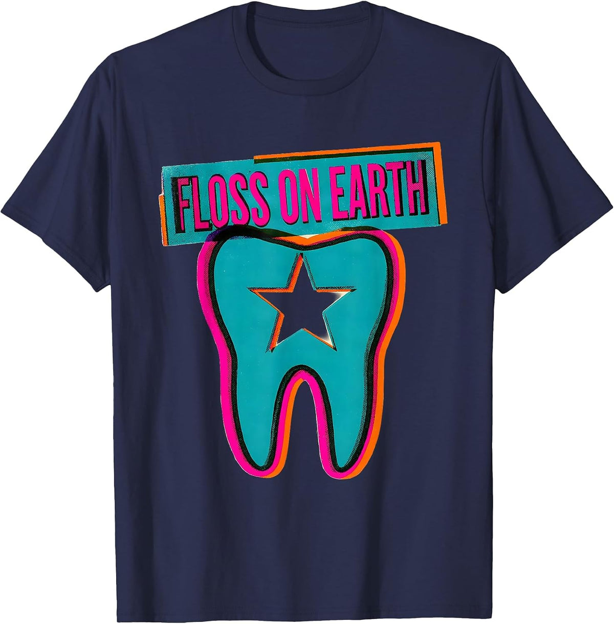 Floss On Earth Risograph Funny Dental Hygienist Christmas T-Shirt - Navy Blue