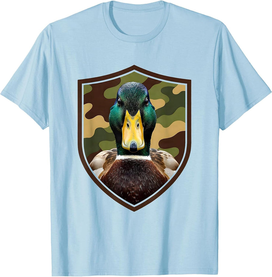 Men's Mallard Duck Shield Camo Hunting Youth Humor T-Shirt - Baby Blue