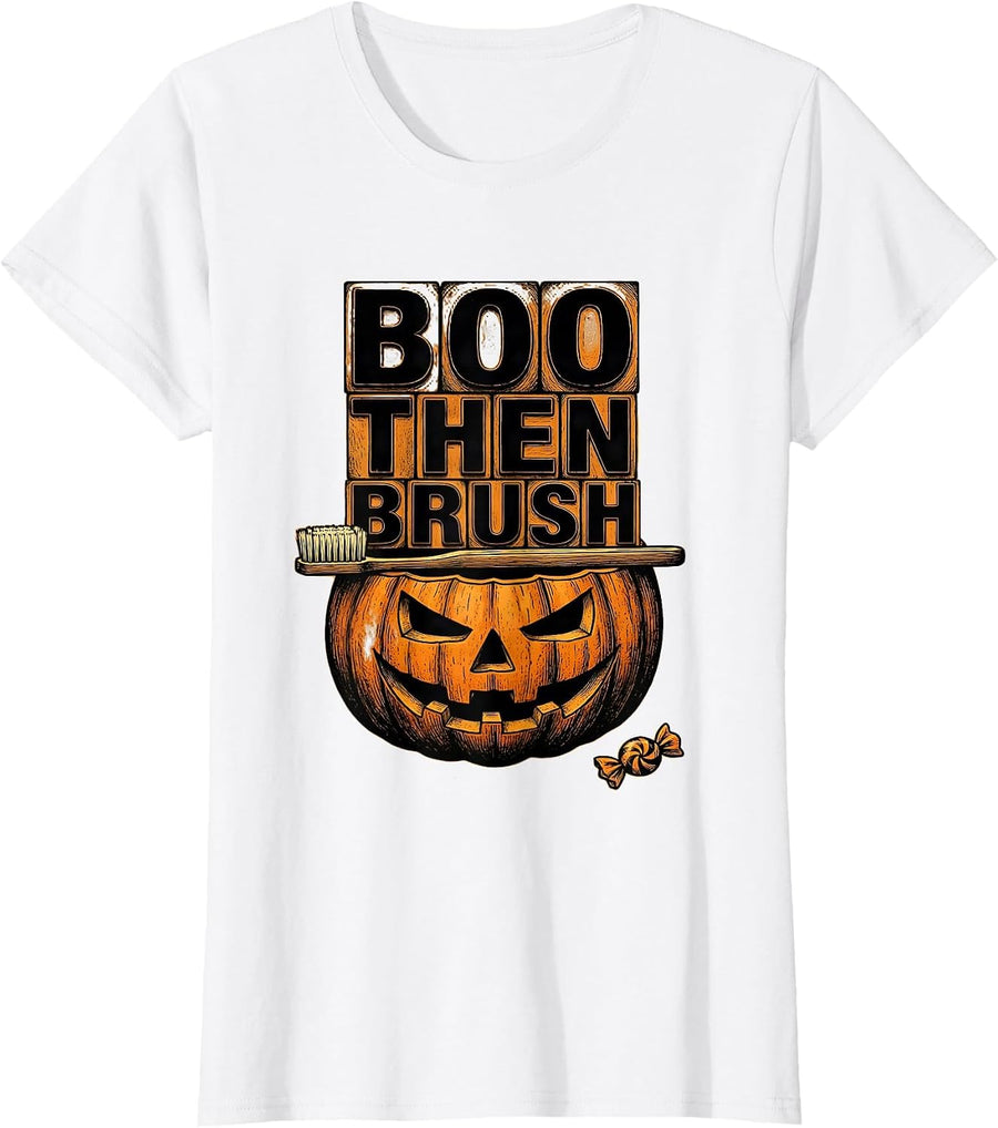 Women's Boo Then Brush Wood Type Letterpress Dental Hygienist T-Shirt - White