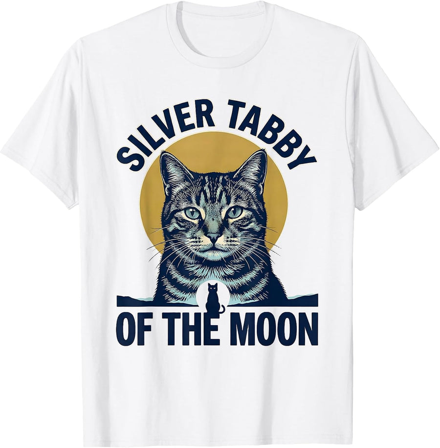Men's Silver Tabby Of The Moon Funny Cat Lover Retro Nostalgic T-Shirt - White