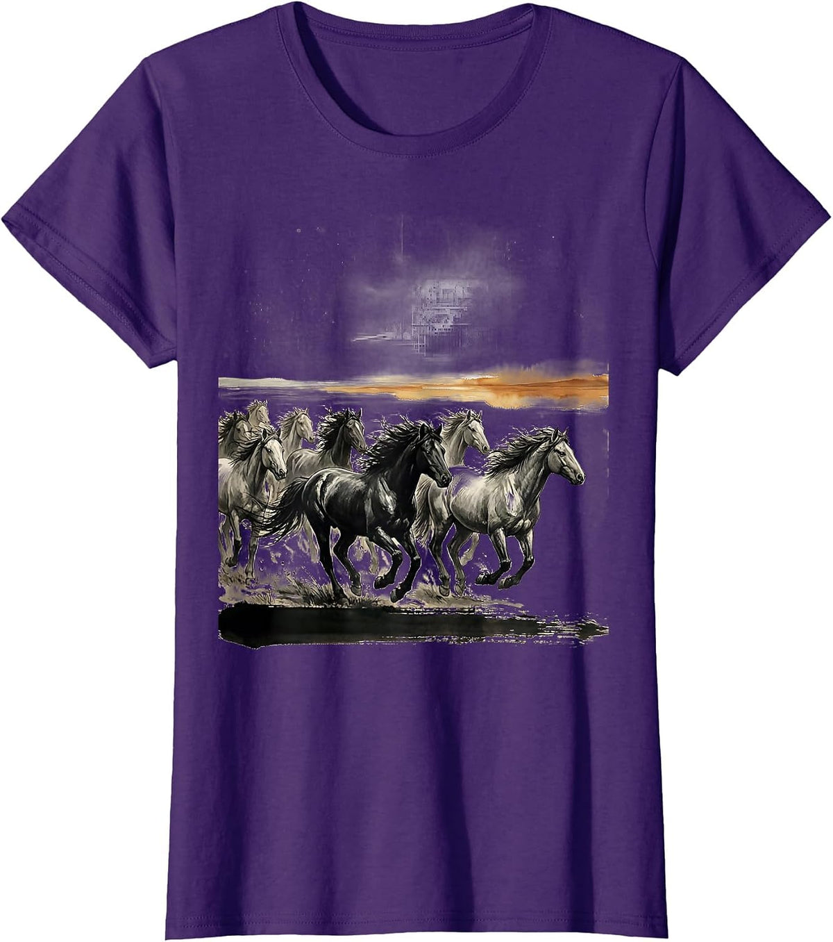 Women's Wild Horse Herd Sunset Horizon Graphic T-Shirt - Purple