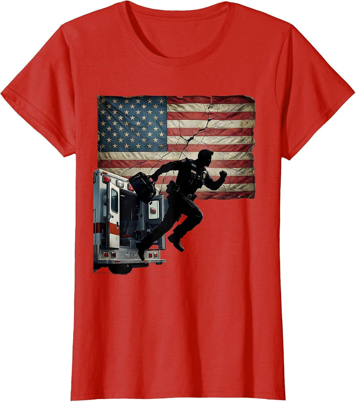 EMT Paramedic Leaping From Ambulance Graphic T-Shirt - Red