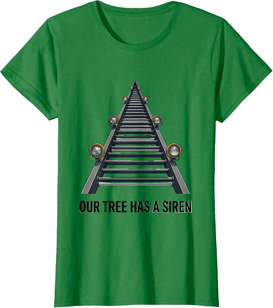 Women's Our Tree Has A Siren Midcentury Modern Firefighter Humor T-Shirt - Kelly Green