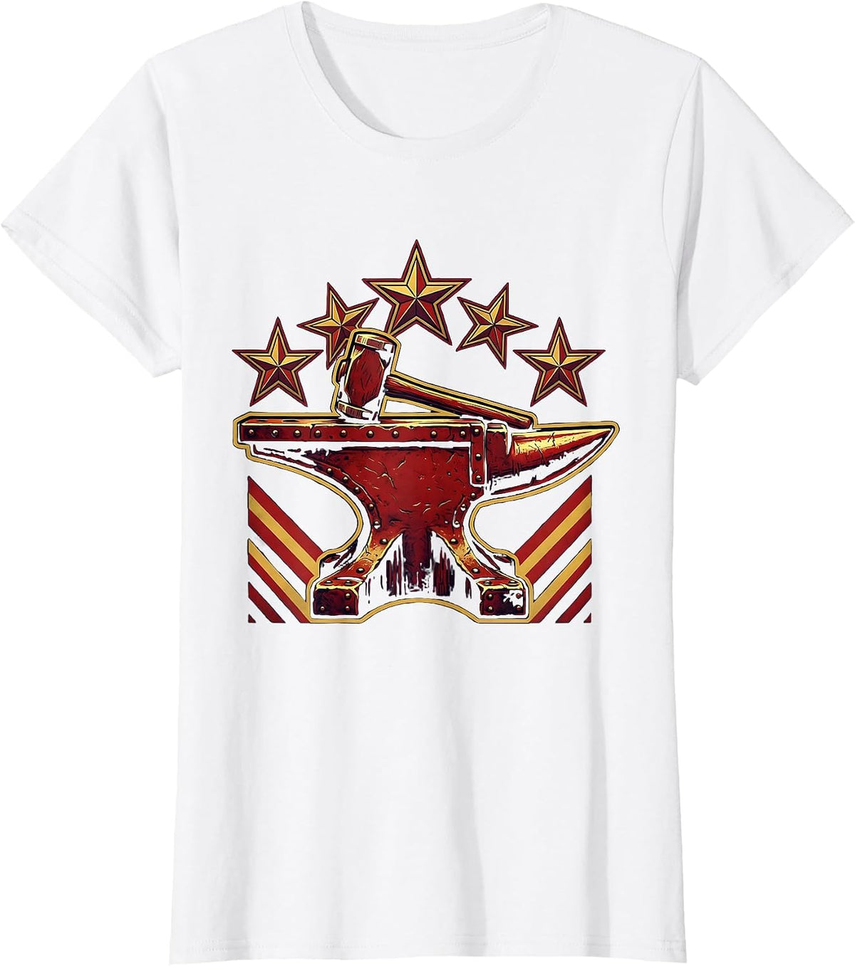 Iron Anvil Hammer Glowing American Stars Graphic T-Shirt - White