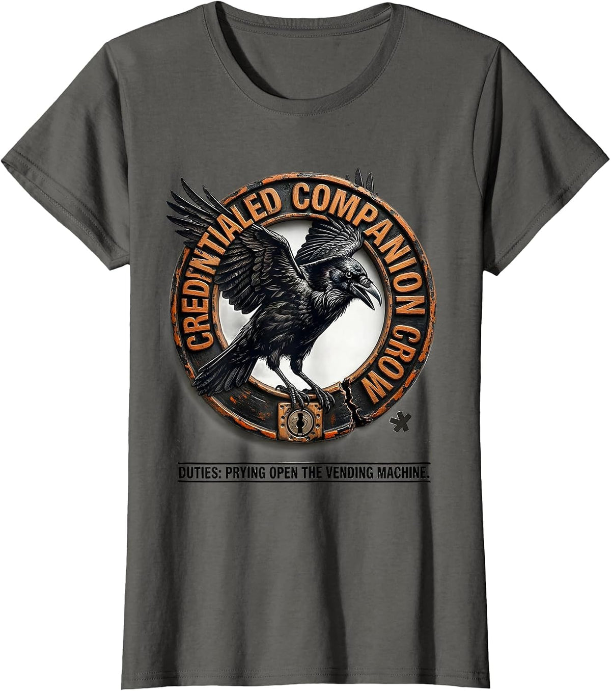 Women's Credentialed Companion Crow Duties Pun Bird Lover Humor T-Shirt - Asphalt Grey
