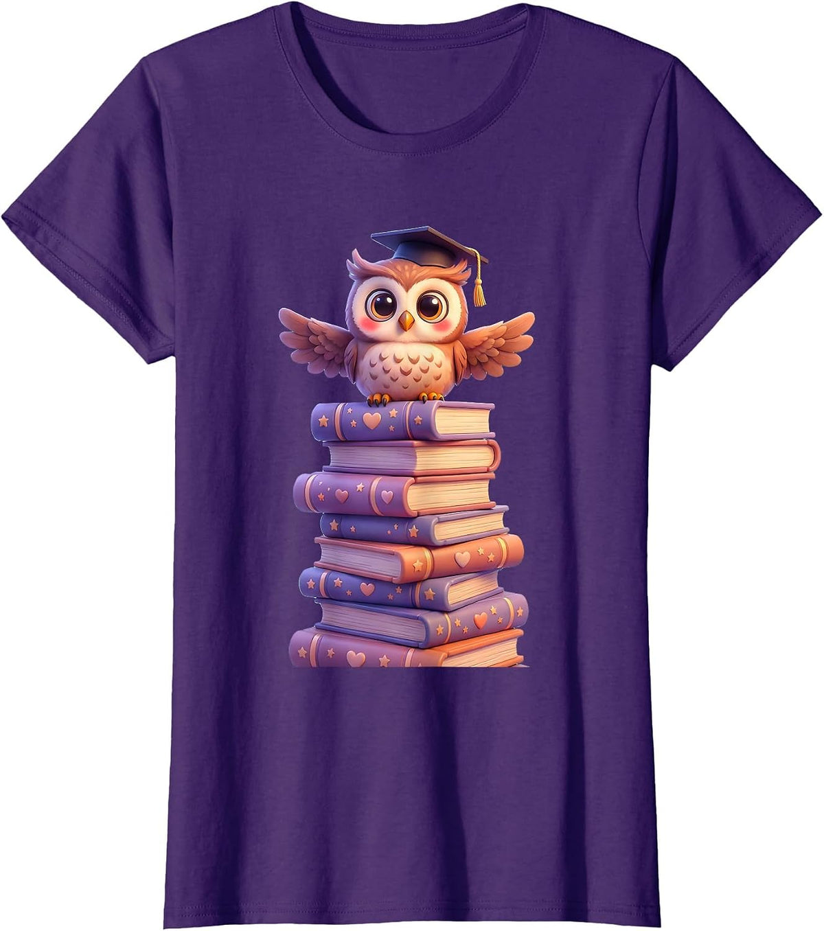 Wise Owl on Stacked Books Illustration T-Shirt - Purple
