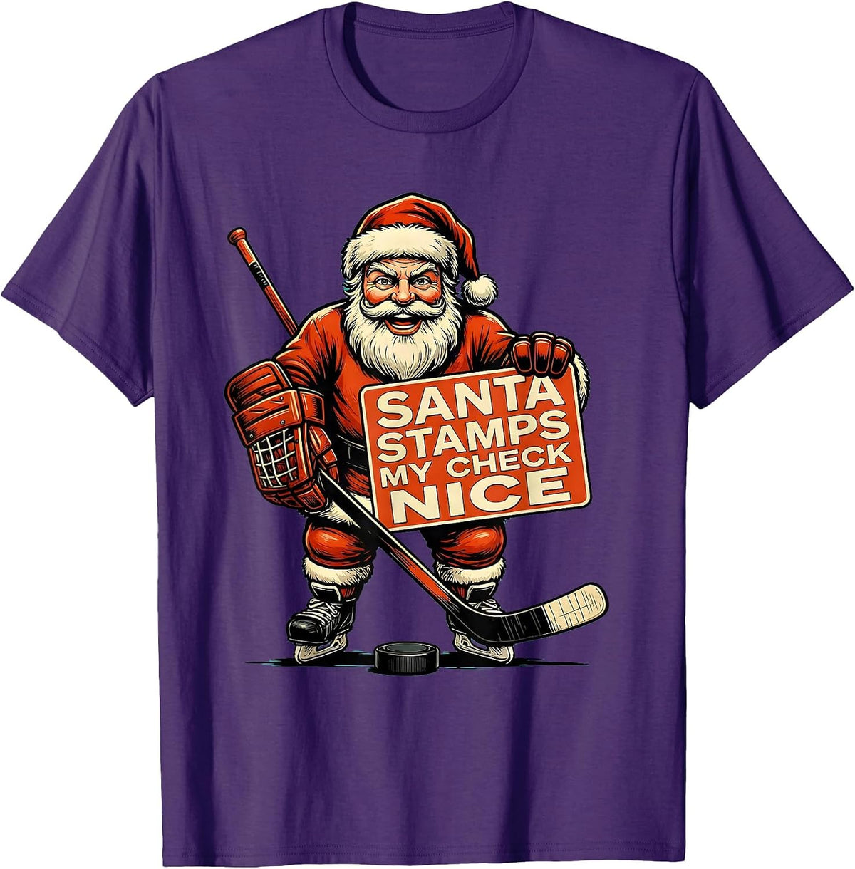 Santa Stamps My Check Nice Retro Advertising Hockey Fan T-Shirt - Purple