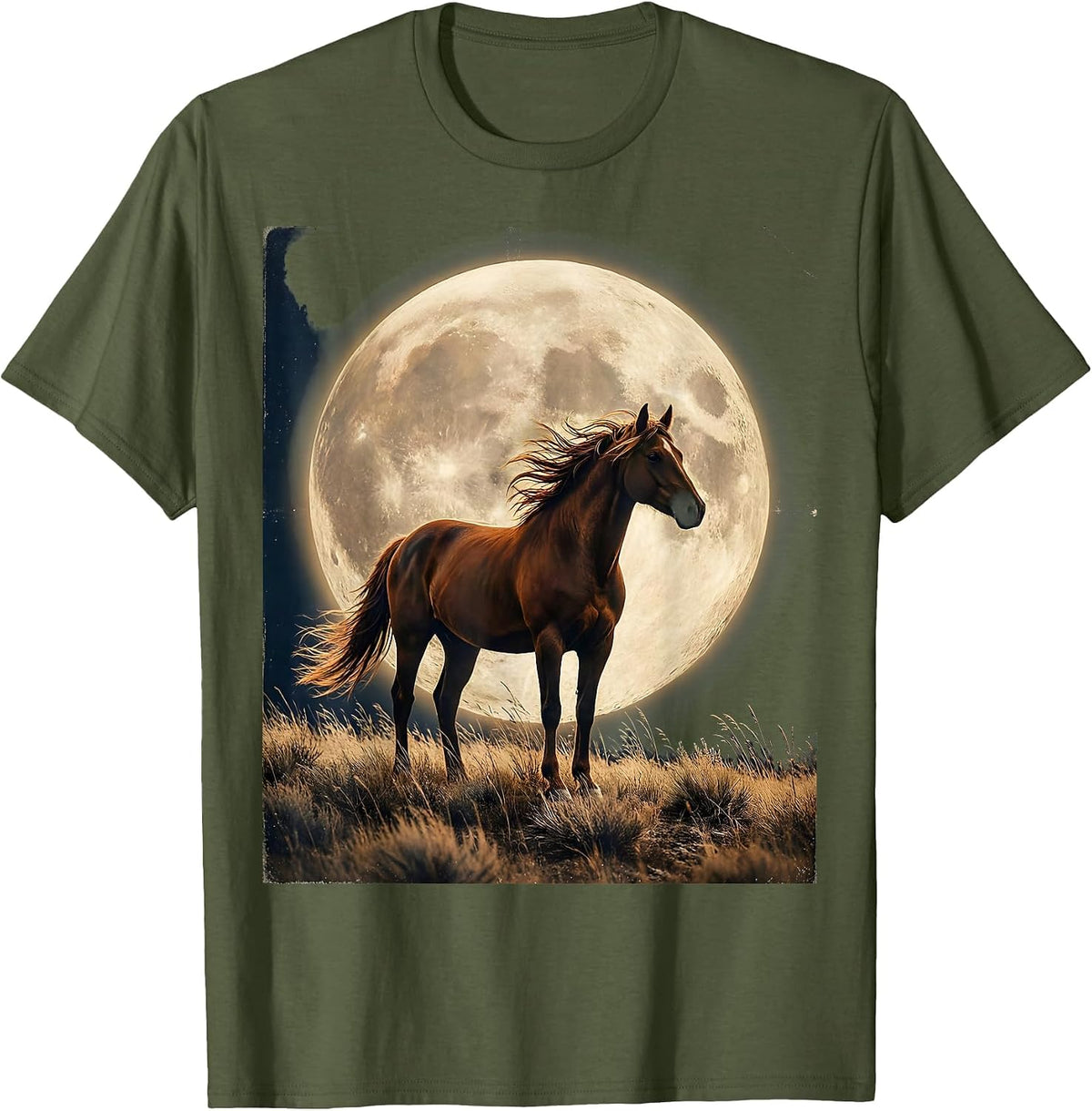 Men's Horse Silhouette Giant Full Moon Night Sky Design T-Shirt - Olive Green