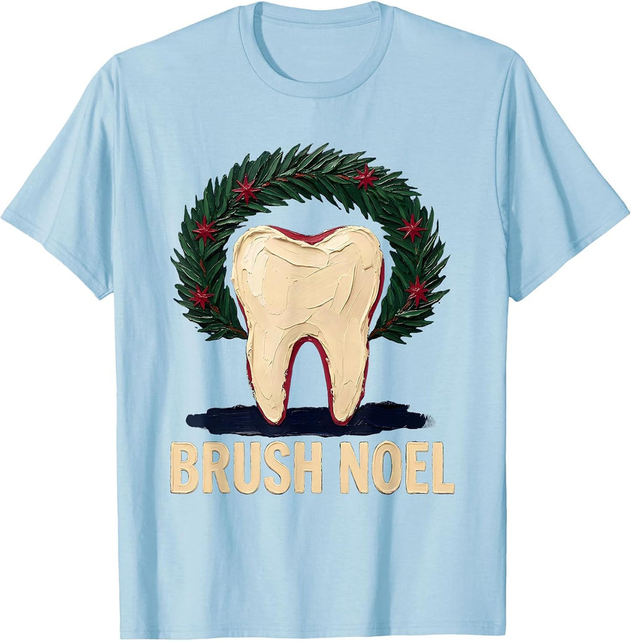 Men's Brush Noel Funny Dental Christmas Dental Hygienist Crew T-Shirt - Baby Blue