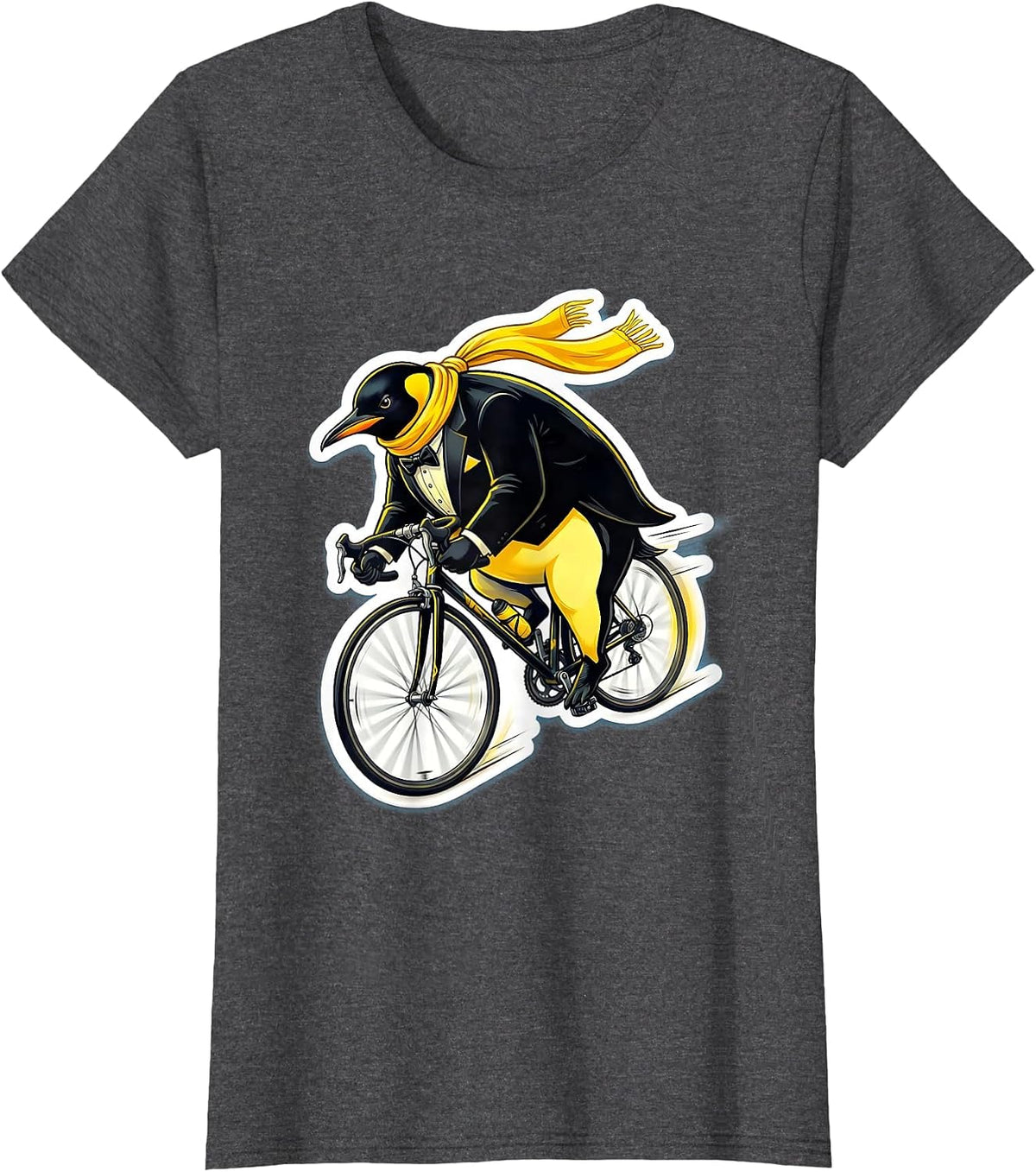 Women's Penguin Downhill Bicycle Speed Cycling Illustration T-Shirt - Dark Heather Grey