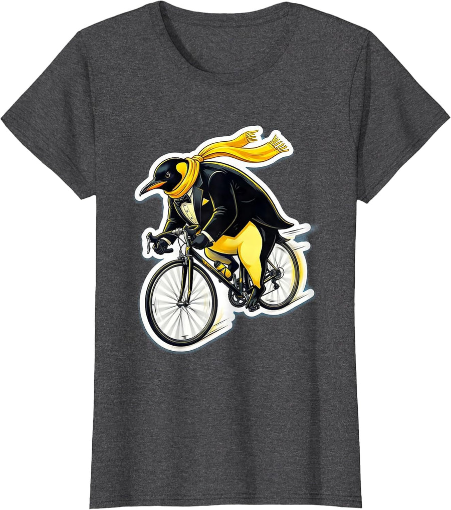 Women's Penguin Downhill Bicycle Speed Cycling Illustration T-Shirt - Dark Heather Grey