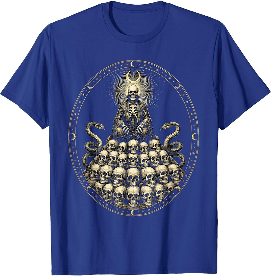 Skeleton Throne of Skulls Dark Fantasy Art T-Shirt - Royal Blue