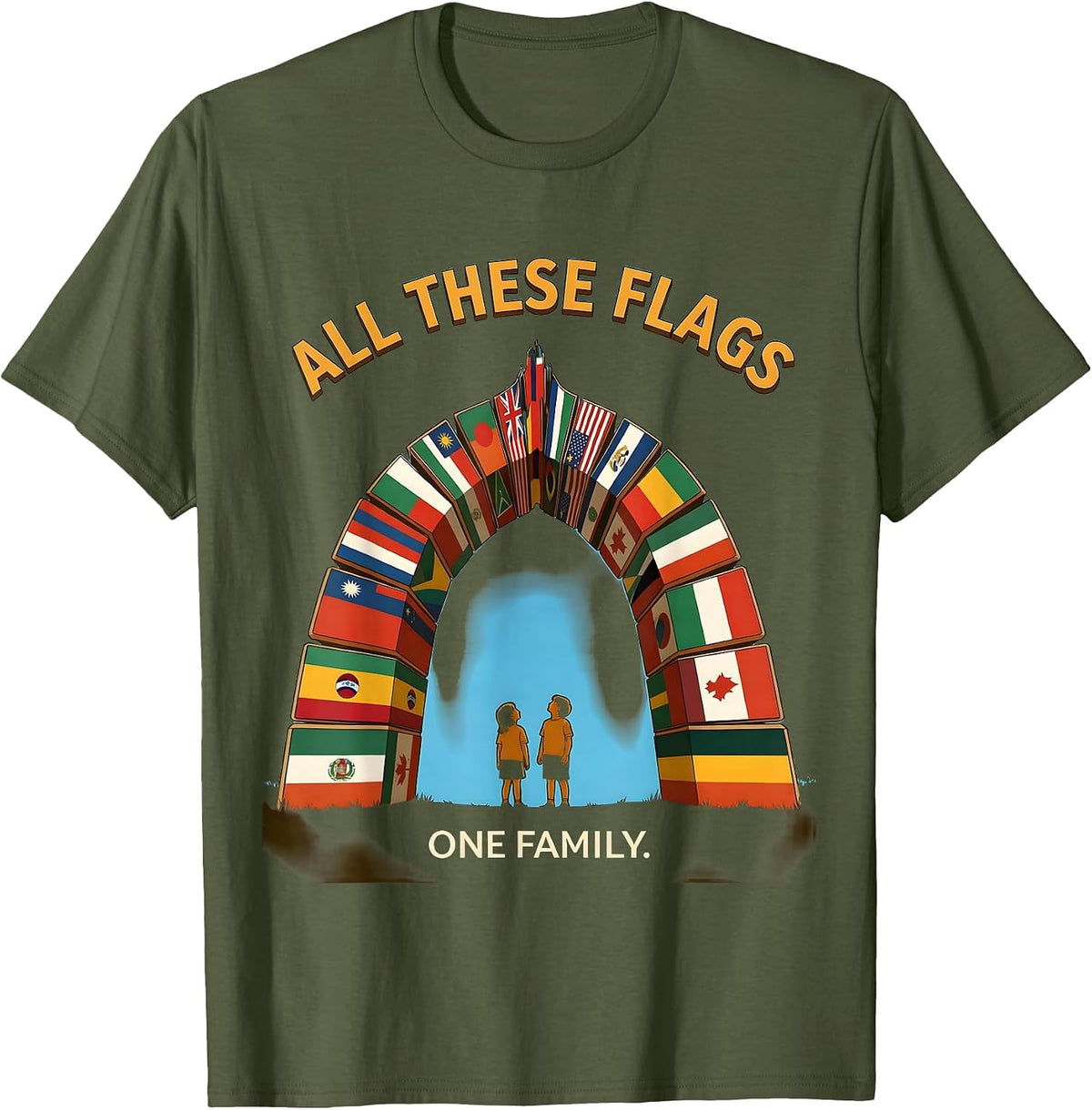 All These Flags, One Family Educational World Geography Kids T-Shirt - Olive Green