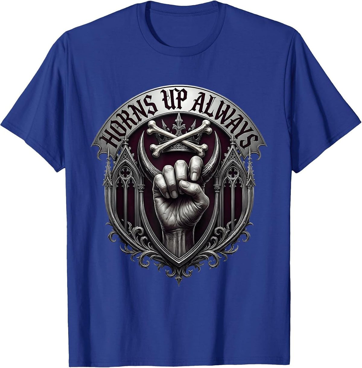 Horns Up Always Heavy Metal Graphic Design T-Shirt - Royal Blue