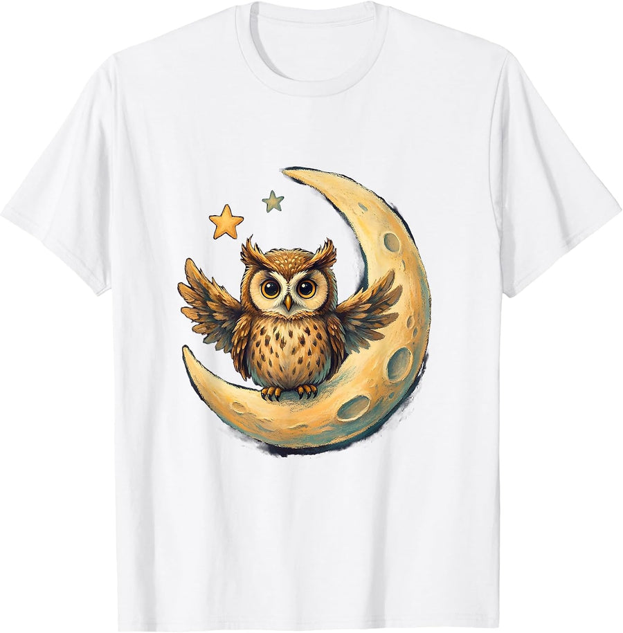 Men's Cute Halloween Owl on Crescent Moon Design T-Shirt - White