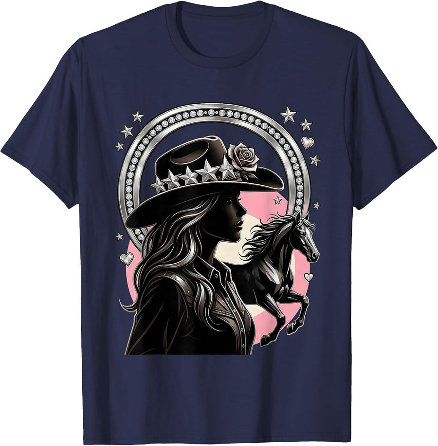 Cowgirl Brushing Horse in Golden Light T-Shirt - Navy Blue