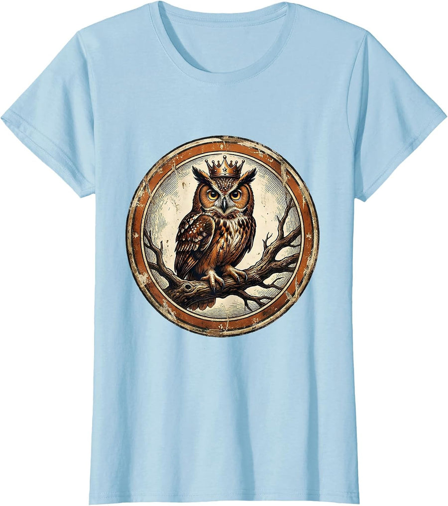 Women's Owl Birthday Crown Branch Cute Birthday Graphic T-Shirt - Baby Blue