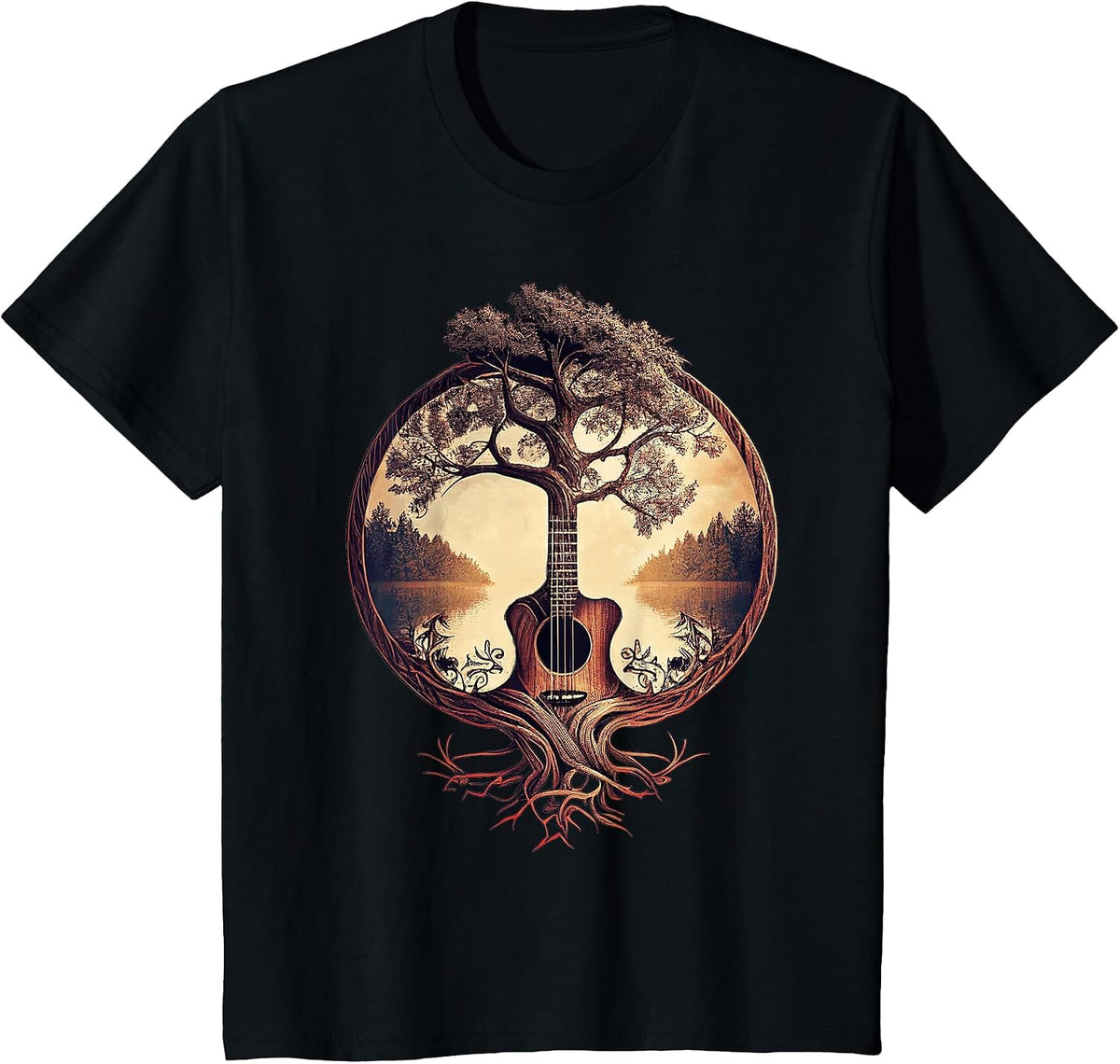 Acoustic Guitar Tree By The Lake Guitarist T-Shirt - Black