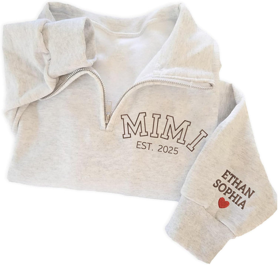 IZI POD-Custom Embroidered Quarter Zip Crewneck Sweatshirt-Personalized Gifts Mom Mama Grandma Mother's Day Christmas