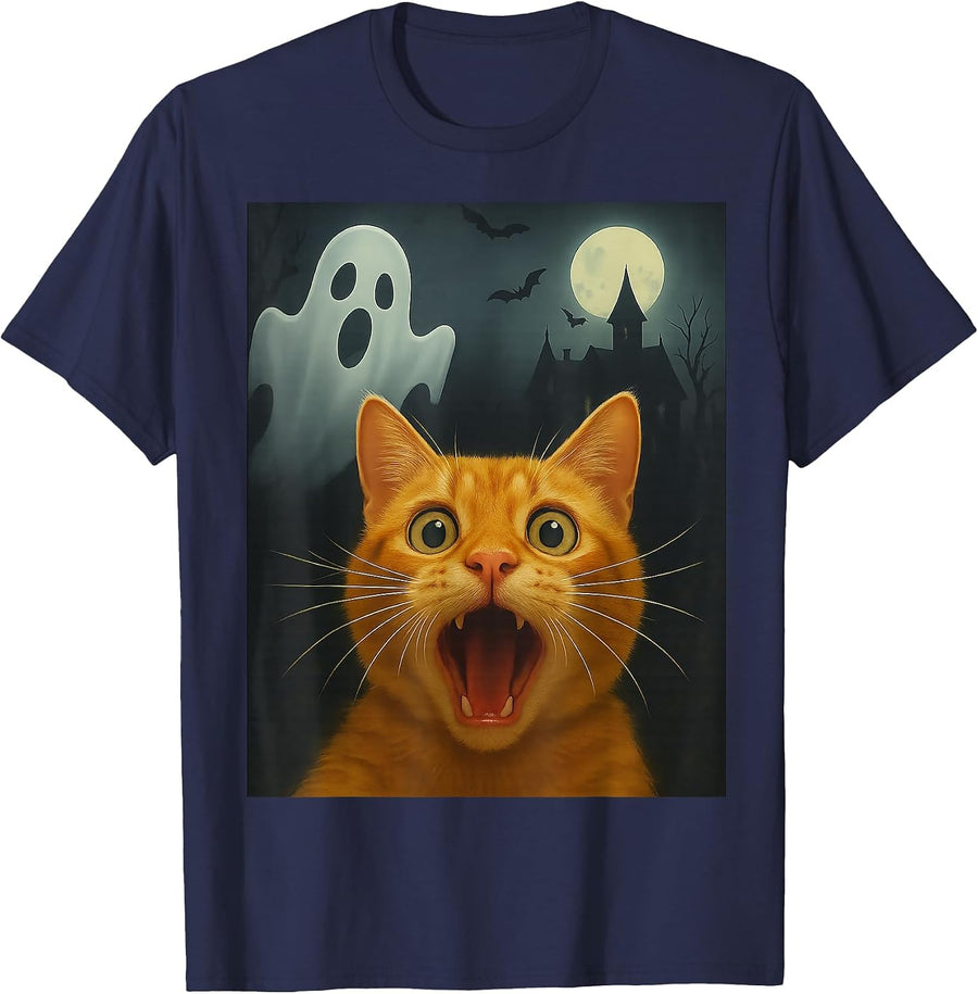 Cat Selfie with Ghost, Funny Cat Lovers Design T-Shirt - Navy Blue