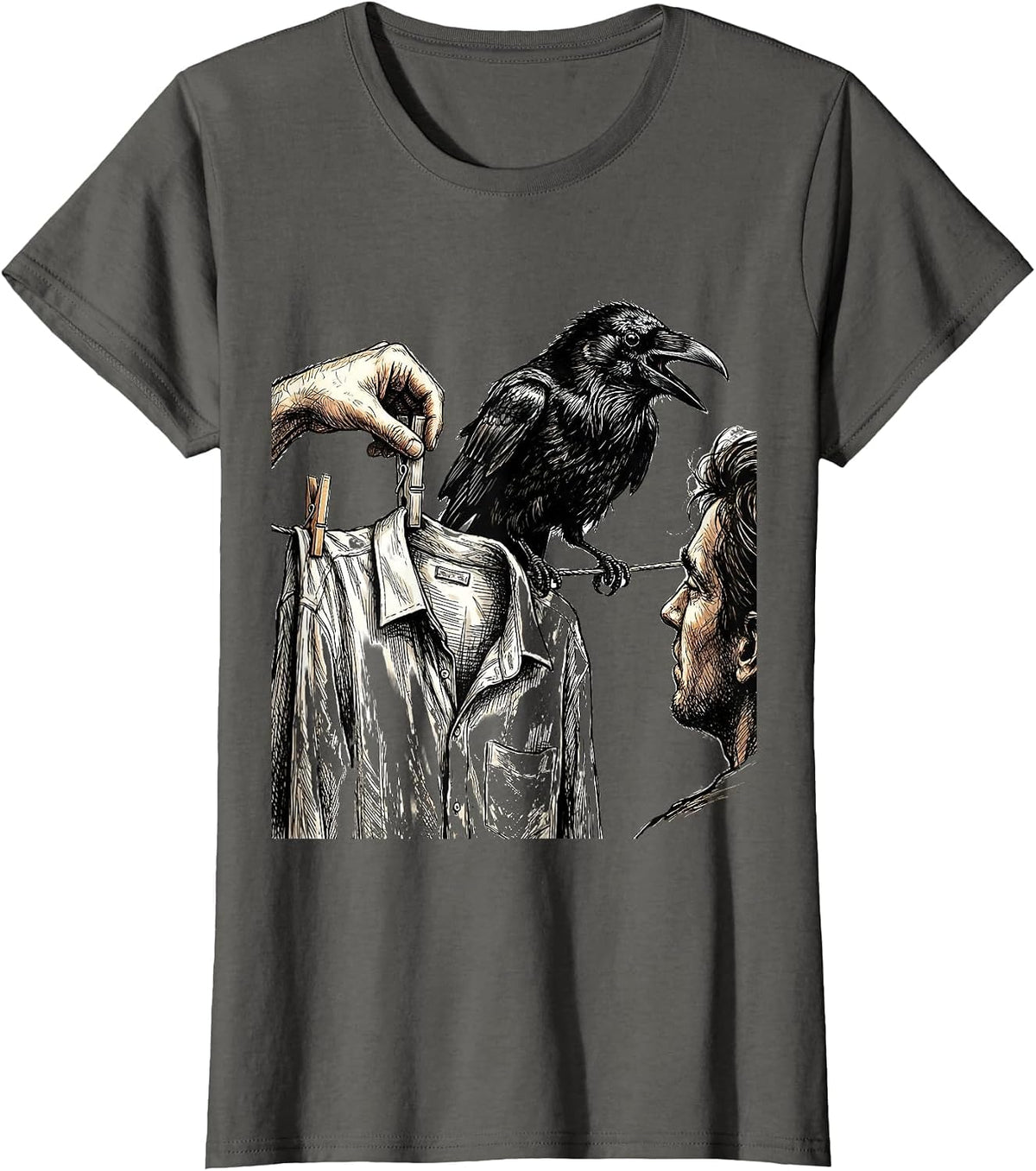 Women's Frozen Crow Clothespin Dark Humor Bird Lover T-Shirt - Asphalt Grey